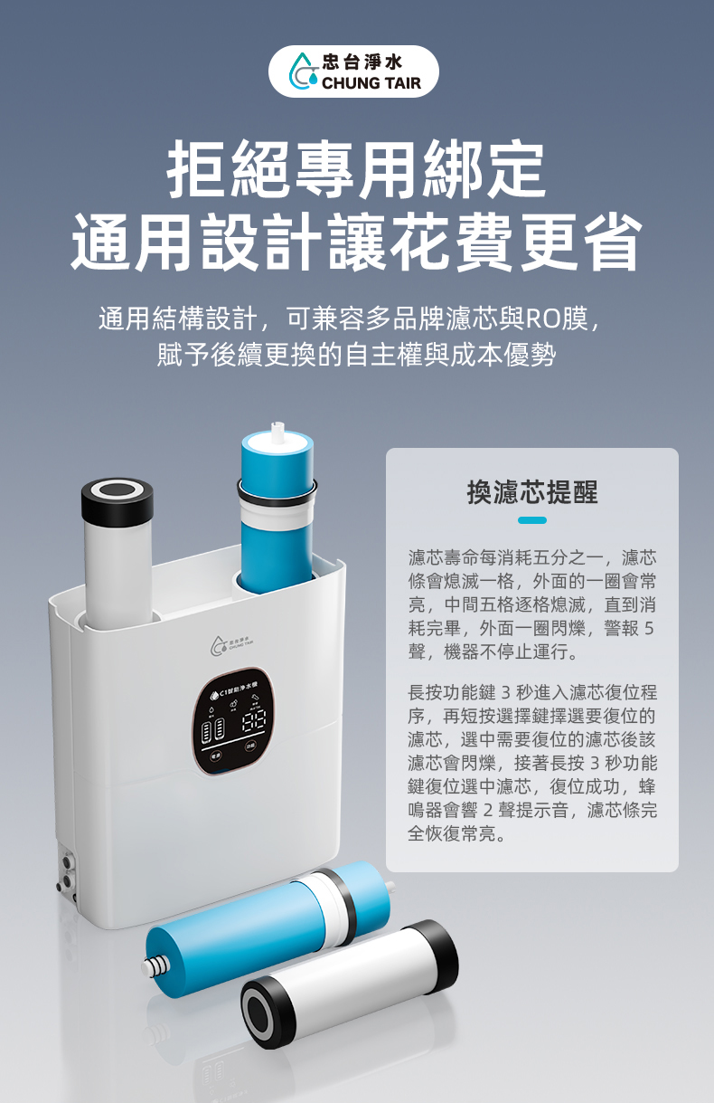 C1-1000G 濾芯壽命提醒與復位方式